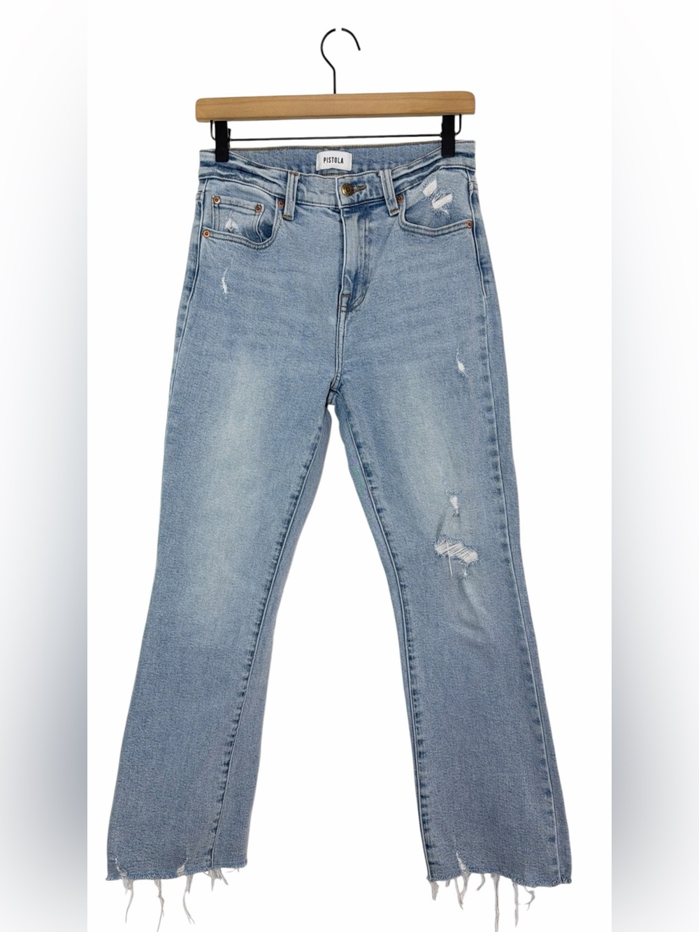 Pistola Distressed Raw Hem Flare Jeans Size 28 Light Wash High Rise Designer